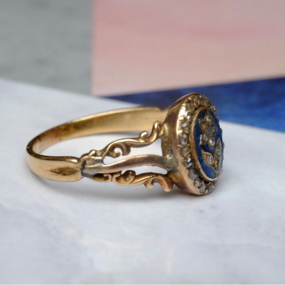 19th century 15k Gold Forget Me Not Diamond & Blue Enamel Ring - Picture 9 of 13